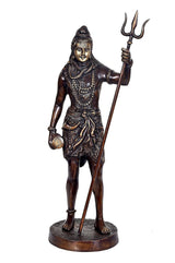 Brass standing Shiva idol, 19 in, forward pose with trident and detailed jewelry