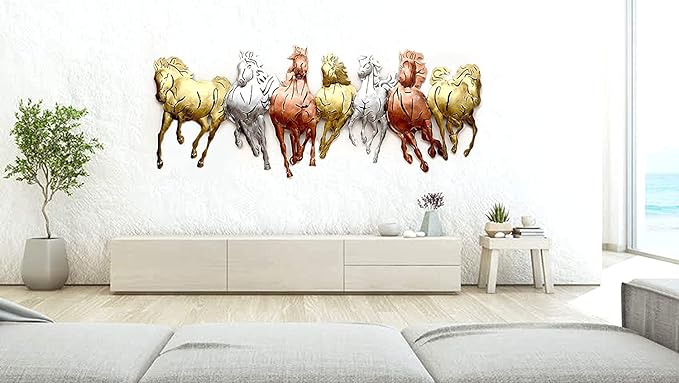 7 Seven Running Horse Vastu Framed Wall Hanging Iron Showpiece Prosperity Wealth Good Luck Multicolour Height 13 Inches