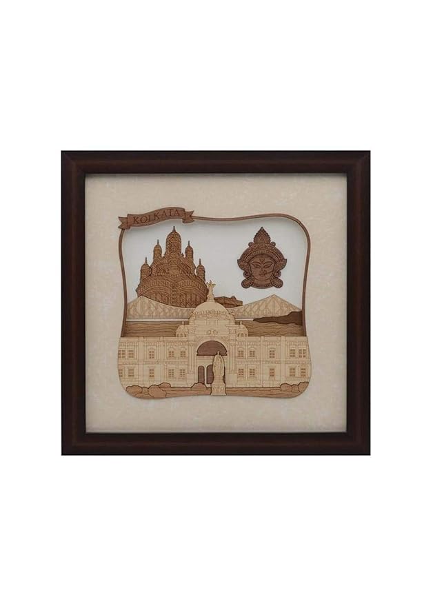 Wooden Kolkata wall decor frame, dark brown with beige engraved cityscape
