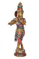 Krishna brass idol statue holding flute near chest, detailed crown and jeweled skirt