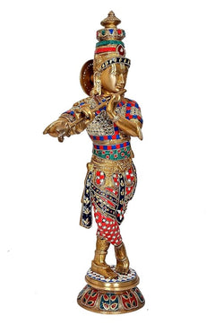 Krishna brass idol statue holding flute near chest, detailed crown and jeweled skirt
