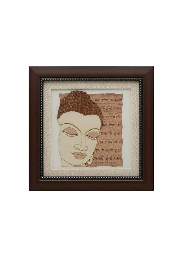 Wooden Art Work Buddha Face With Speech Frame Wall Decor 8 x 8 Inch