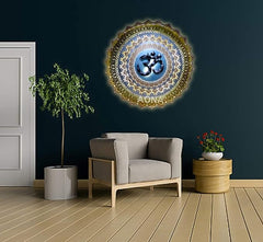 Wrought iron OM wall hanging with LED halo light, round gold border
