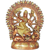 Brass Durga Mahisasuramardini statue, seated with multi-arms, ornate circular halo