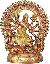 Durga Mahisasuramardini brass figurine with multi-arms and weapons, circular backdrop