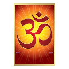 Om poster, dark red Om emblem on warm orange rays