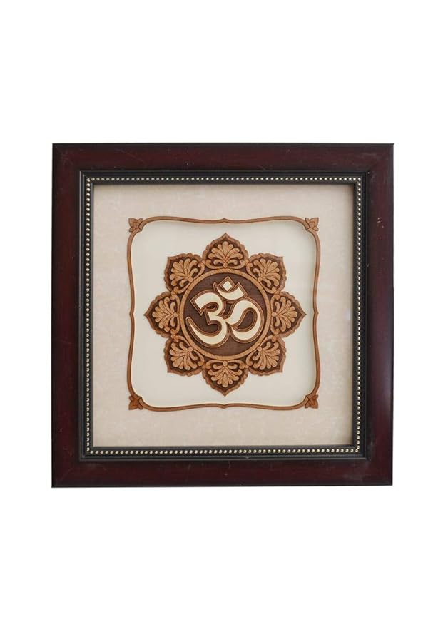 Wooden Om wall decor in 8x8-inch square frame, dark wood, ornate center symbol