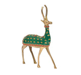Brass reindeer decoration with green speckled back and red beaded border, rear angle