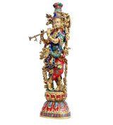 Kishan Murti brass sculpture, standing pose with gold arms and colorful stone-work