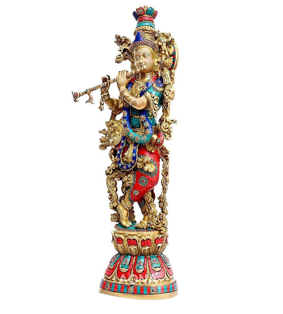 Kishan Murti brass sculpture, standing pose with gold arms and colorful stone-work
