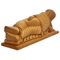 Side view reclining Buddha figurine, hand-carved kadamba wood with ornate trim