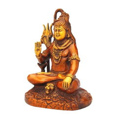 Lord Shiva Bronze statue, copper-red finish, seated on lion, raised hand