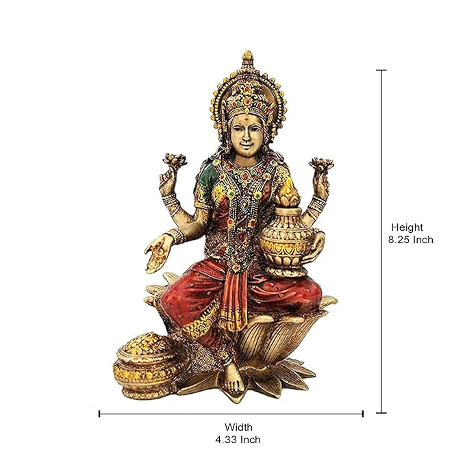 Cold Cast Handcrafted Lord Lakshmi Murti Sitting On Lotus in Resin, Height : 7 inch