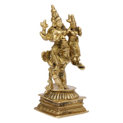 Brass Garuda dev murti with Vishnu and Laxmi, raised hands, left angle