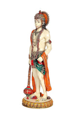 Lord Hanuman figurine angled view, holding staff, orange robe and green waist cloth