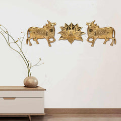 Brass lotus wall decor with cow pair, 4 inch height, mounted set for home walls