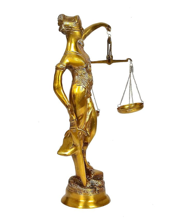 Brass Justice Lady Blind Folded Idol Nyay Murti Figurine Sculpture Office Home Court Golden Height 13.5 Inch Study Setting