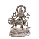 Silver-finish brass Maa Durga figurine, mounted on lion, 22.86 x 7.62 cm