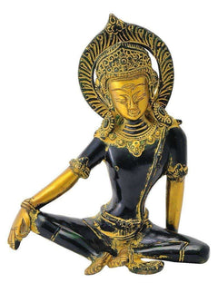 Golden-and-black seated Indra dev sculpture with ornate halo, hands in lap