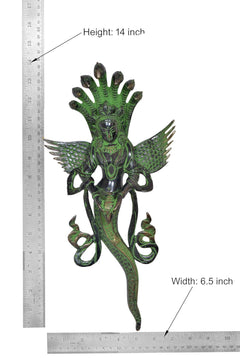 Brass Naga Kanya statue, height 14 in and width 6.5 in; green winged serpent figure