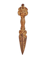Brass phurba dagger pendant front view, rounded ornate head and pointed blade