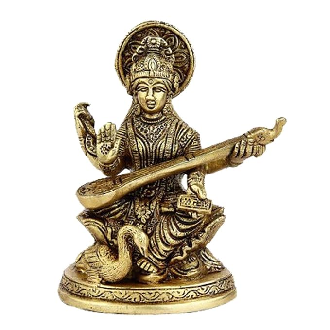 Brass Saraswati, Small 12.7cm X 5.08cm - Golden Finish