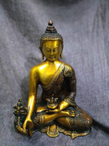 Brass Buddha Bhumisparsha Mudra statue, seated, 10 in, gold-toned