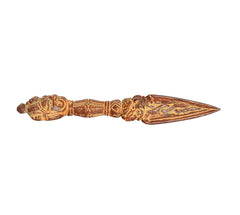 Brass phurba dagger pendant straight view, detailed handle and pointed tip