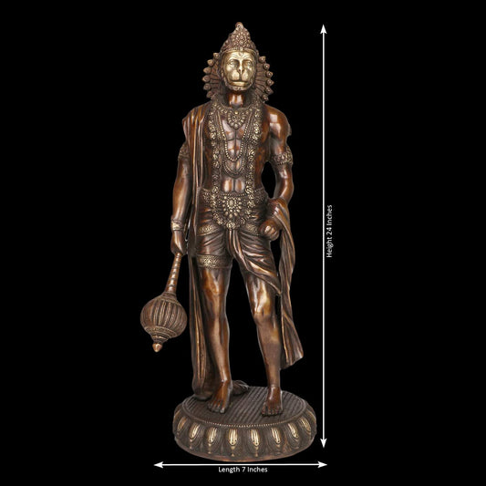 Bronze Hanuman idol figurine, full-length front view, holding a round mace