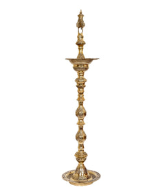 Brass peacock diya stand, ornate stacked stem with wide top bowl and round base
