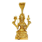 Gold brass Durga idol, seated with four arms and trident, 5.1 in height