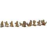 Brass Navgraha idol set, 3-inch tall, row of nine standing and seated idols