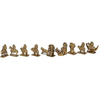 Brass Navgraha idol set, 3-inch tall, row of nine standing and seated idols