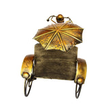 Back view metal ant rickshaw figurine, umbrella canopy and curved wheel supports