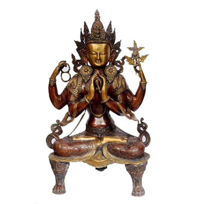 Brass Tara statue with four arms, seated cross-legged with ornate crown