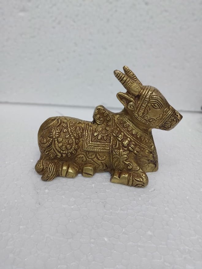 Brass Nandi bull idol statue with ornate patterns, 4.25 in height