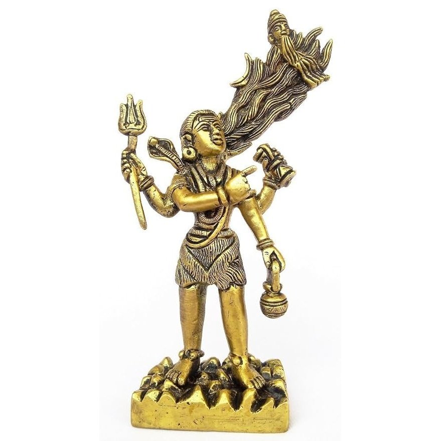 Brass Shiva with Maa Ganga figurine, raised hand and flowing hair, standing on base