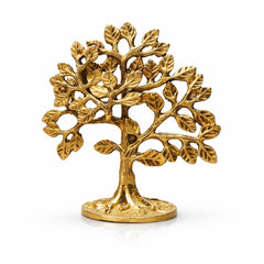 Golden brass kalpavriksha tree figurine with detailed leaves and circular pedestal