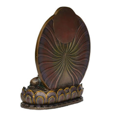Resin Avalokiteshvara statue rear view, sculpted halo and patterned lotus pedestal
