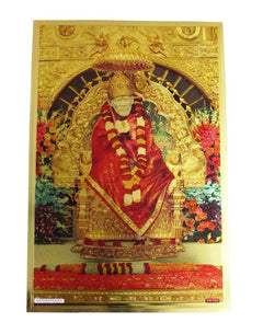Goldfoil Shiridi Sai Baba poster with seated deity, ornate arch and garland
