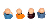 Back view of set of 4 resin Buddha monk figurines, blue and orange robe backs