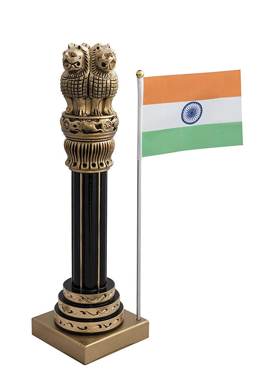 Decorative Wooden Ashoka Stambh Emblem with Flag India Ashok Chakra Pillar Memento Sculpture Home Office Desk Artwork Showpiece(7 Inches)