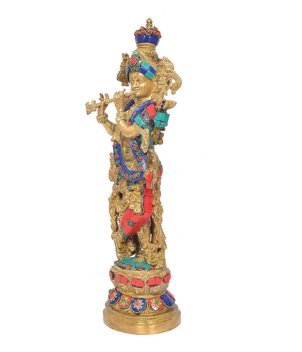 Brass Lord Krishna Idol Playing Flute Figurine, Multicolor, Religious Theme (Height:15 Inches) Study Setting