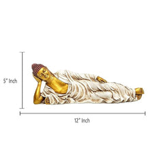 Buddha-Idol aus Polyresin 12×5 Zoll, liegend, goldene Haut und weißes Gewand