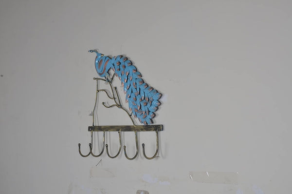 Iron Blue Peacock Wall Key Hanging (Height 16 Inches) Entryway Setting