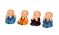 Smiling Buddha monk figurine set of 4, four seated poses with bead necklaces