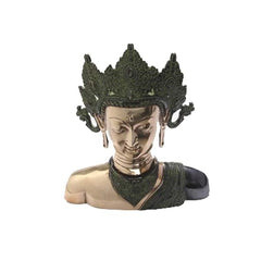 Brass Crown Buddha bust, dark patina finish, 14 in height
