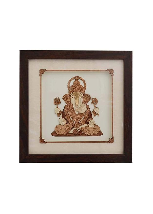 Seated Ganesha wooden wall frame with ornate detailing and multi-arm design