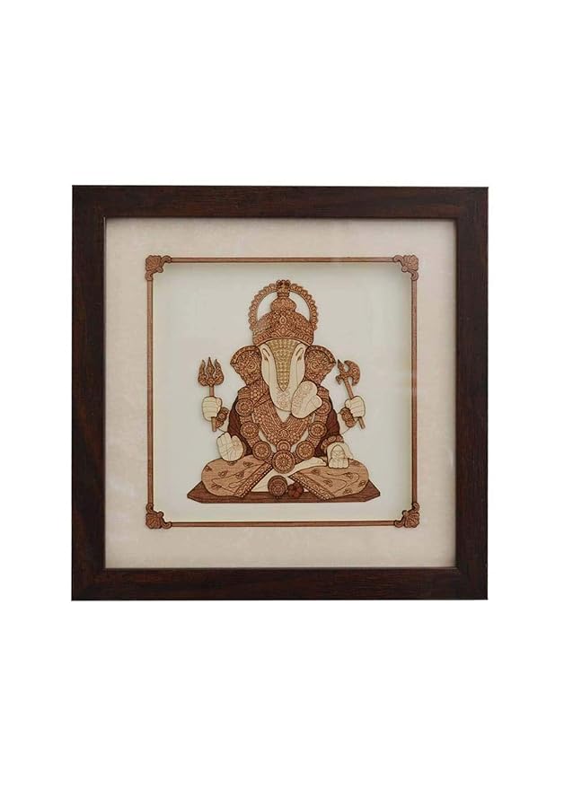 Wooden Art Work 4 Hand Sitting Ganesha Frame Wall Decor 8 x 8 Inch