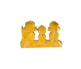Brass back view of three-deity statue with three head shapes on platform